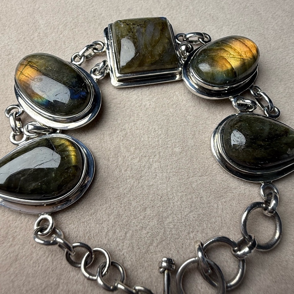 Vintage Labradorite Sterling Silver 925 Bracelet Large Cabochons 42gms